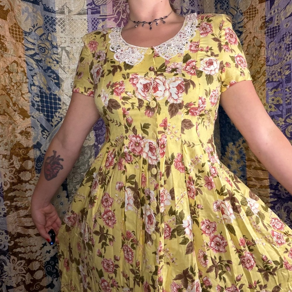 VTG 90s Peter Pan Lace Collar Cottagecore Granny Maxi Shirt Dress Oversized S